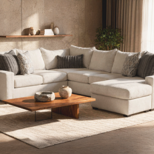 soft modern sectional sofa with chaise in living room with wood coffee table